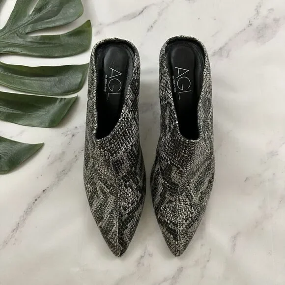 AGL Womens Mule Booties Heels Size 42 11 Black Gray Snakeskin Leather Point Toe - Picture 2 of 7